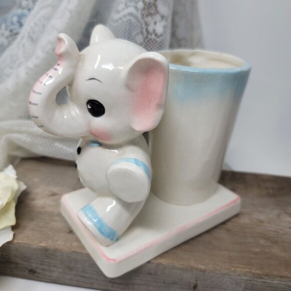 Vintage Baby Elephant Planter Vase Blue & Pink Trunk up - Picture 6 of 9